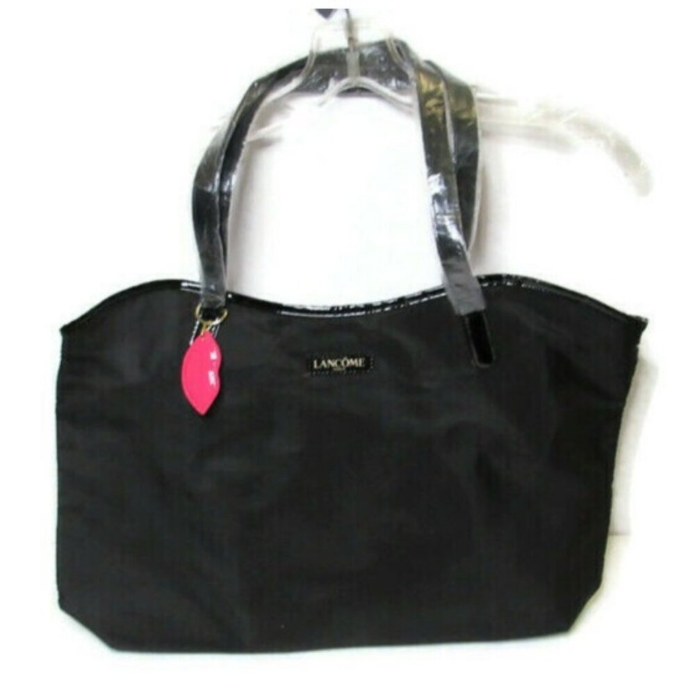 Lancome Paris Black Tote Bag with Eiffel Tower Lining and Pink Lips Charm NEW
